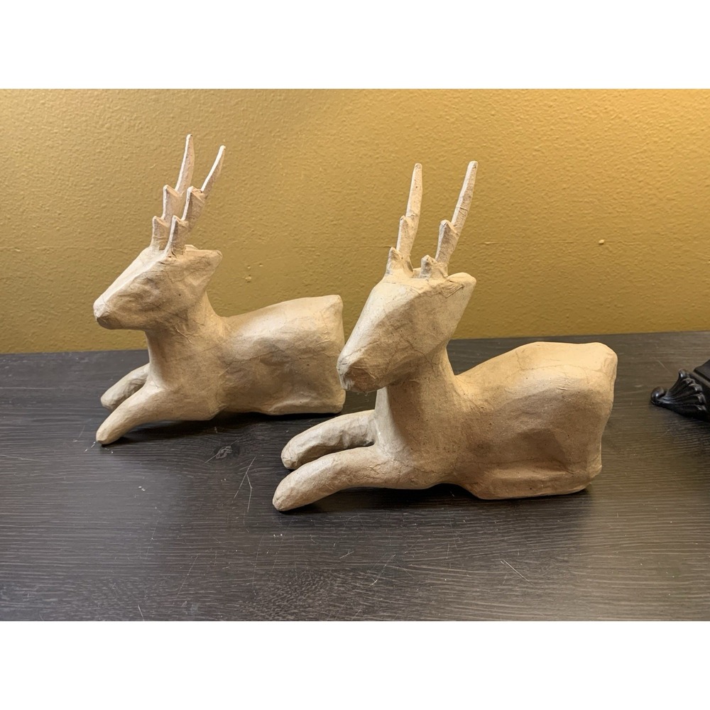 Vintage Paper Mache Deer Reindeer Figures Laying Down Phillipines Craft Decor